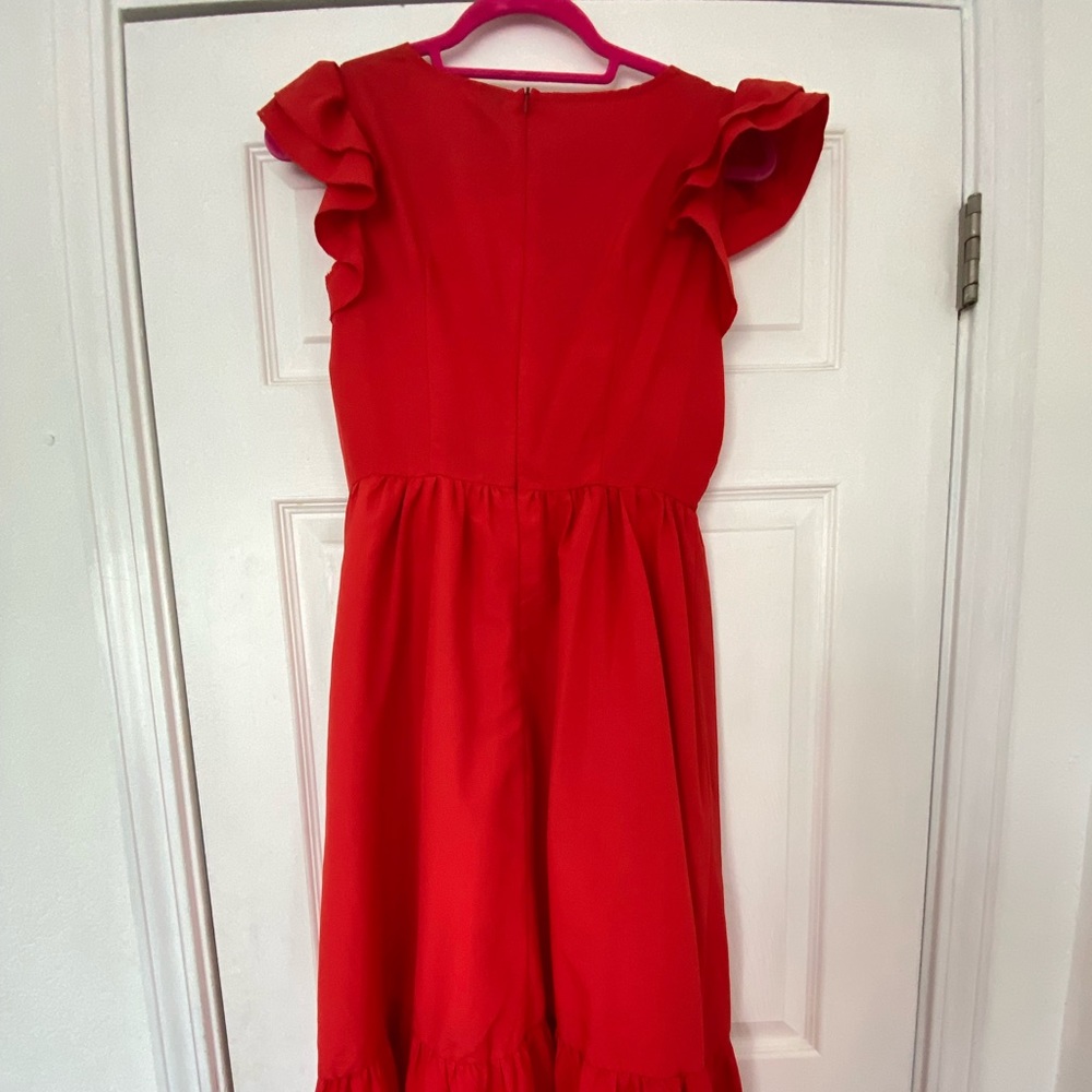 red solid ruffle trim dress